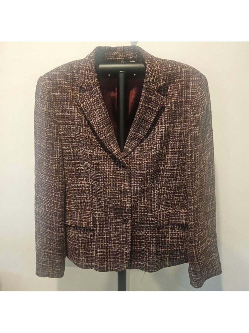 Women's Jones New York Vintage Linen Blend Burgundy Multi Plaid Blazer Jacket 12